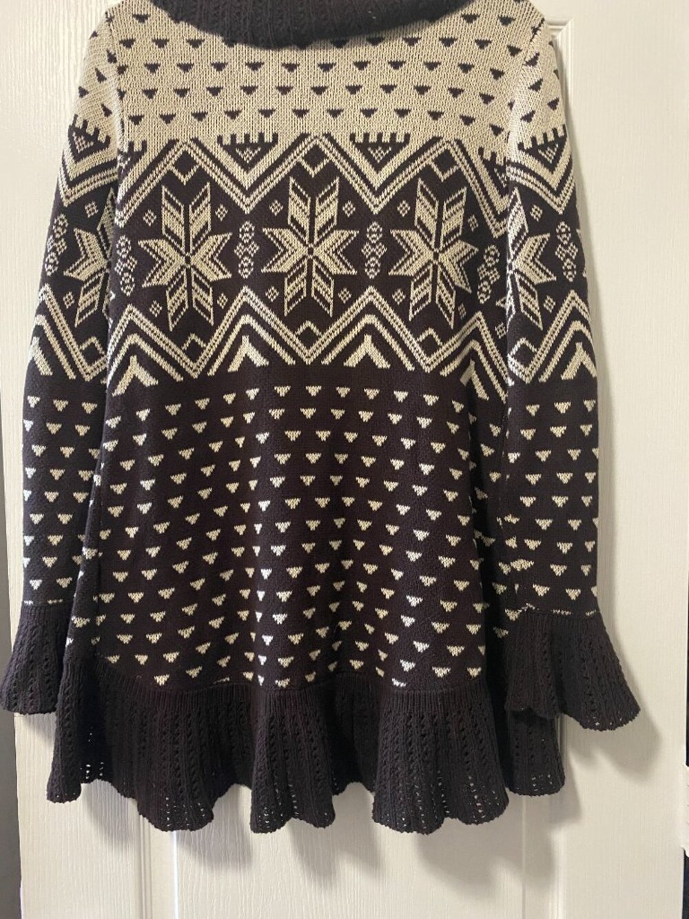 Style & Co Fair Isle Ruffle Bell Sleeve Cardigan Sweater Brown Tie Front Boho L - Picture 8 of 11
